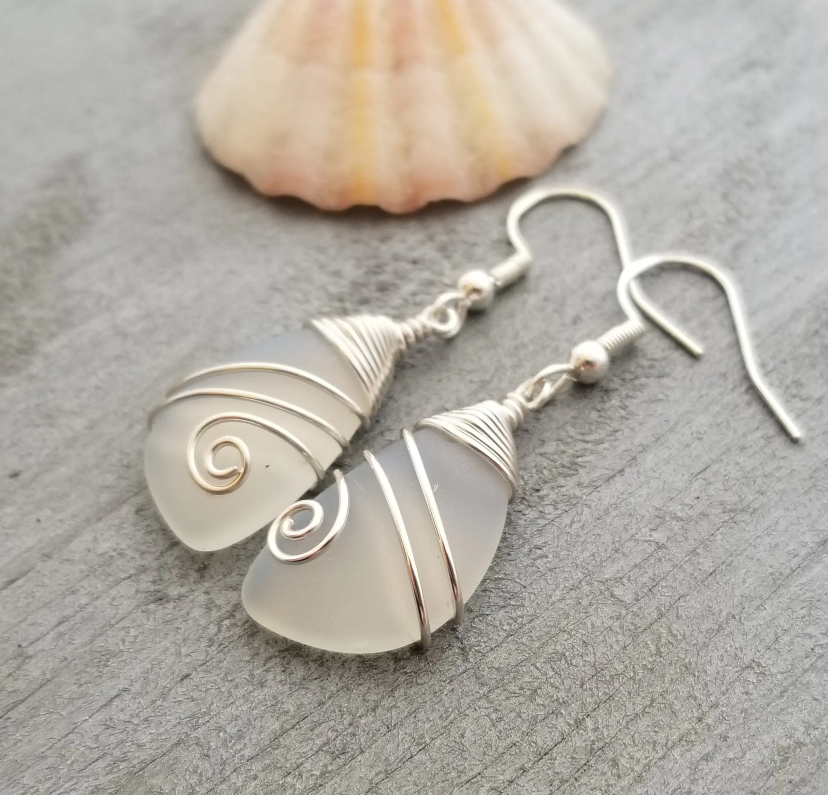 Hawaiian Jewelry Sea Glass Earrings, Wire Moonstone Earrings, Sea Glass Jewelry Beach Jewelry Unique Birthday Gift (June Birthstone Jewelry)