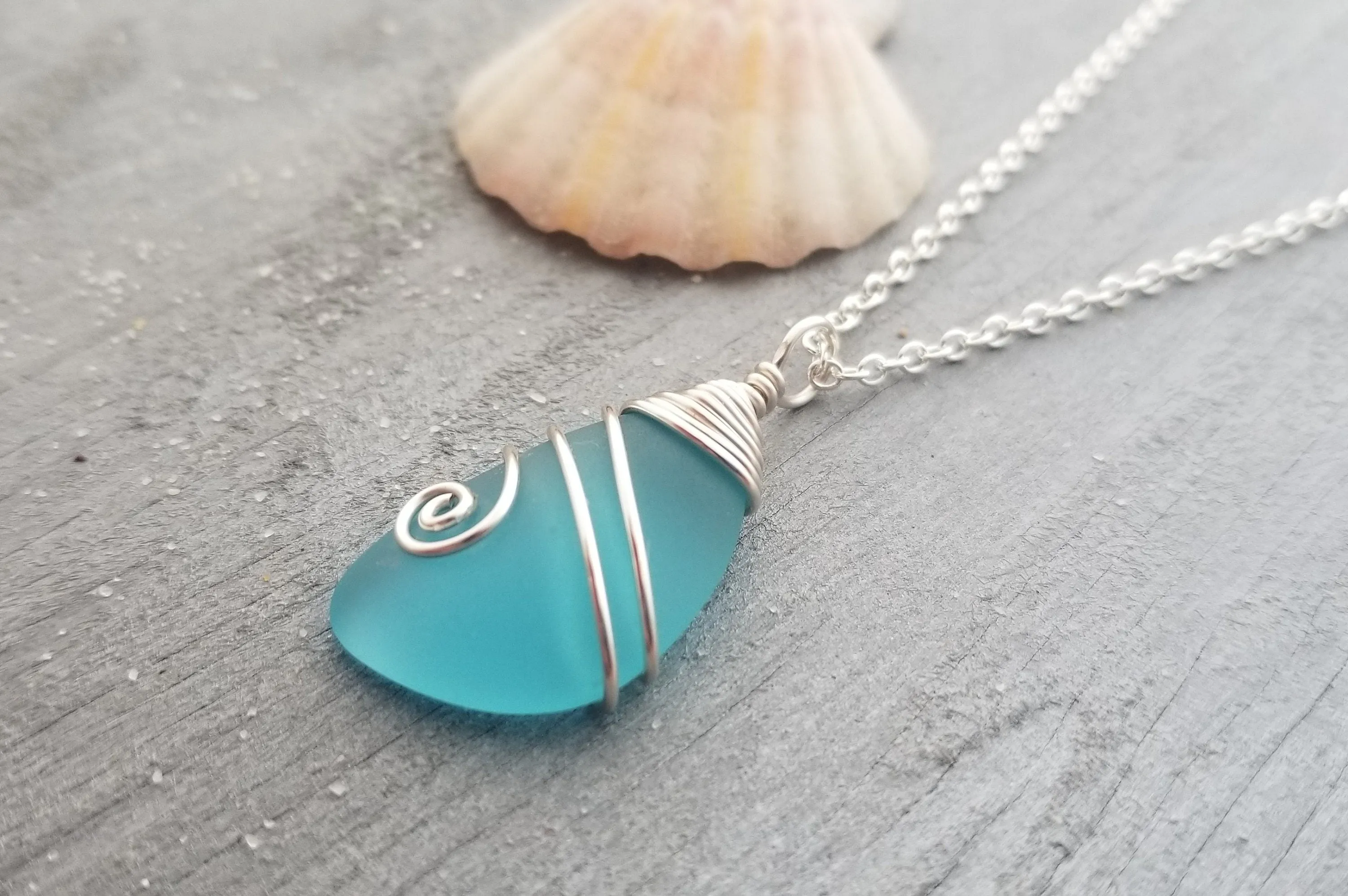 Hawaiian Jewelry Sea Glass Necklace, Top Wire Turquoise Necklace Blue Necklace, Sea Glass Jewelry Birthday Gift(December Birthstone Jewelry)