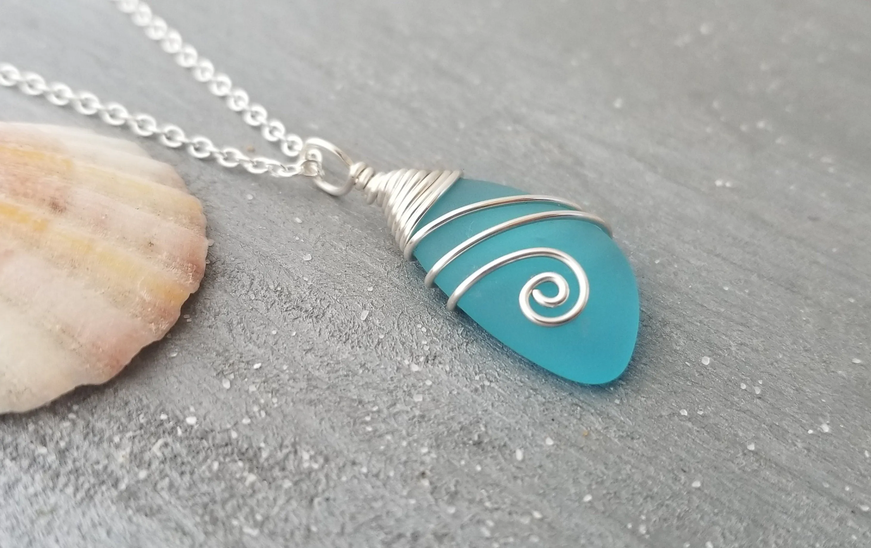Hawaiian Jewelry Sea Glass Necklace, Top Wire Turquoise Necklace Blue Necklace, Sea Glass Jewelry Birthday Gift(December Birthstone Jewelry)