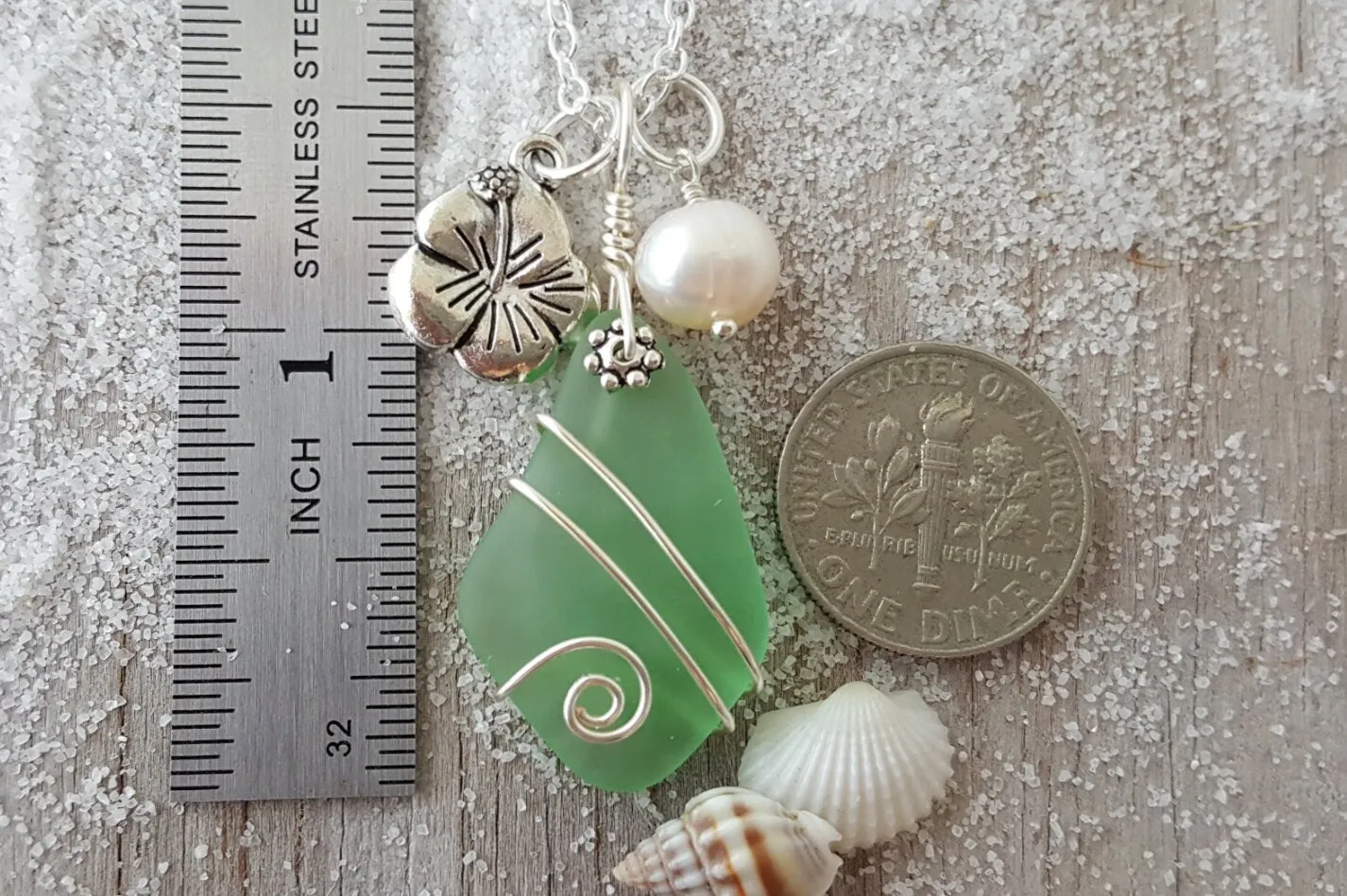 Hawaiian Jewelry Sea Glass Necklace, Wire Peridot Necklace Green Necklace, Hibiscus Pearl Necklace, Beach Jewelry (August Birthstone Gift)