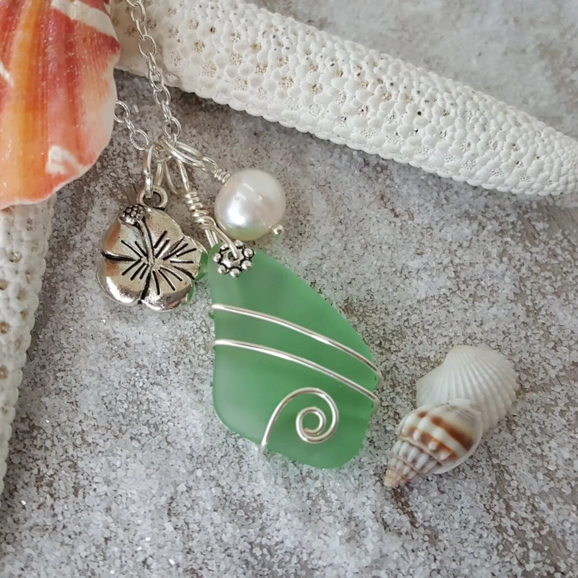 Hawaiian Jewelry Sea Glass Necklace, Wire Peridot Necklace Green Necklace, Hibiscus Pearl Necklace, Beach Jewelry (August Birthstone Gift)