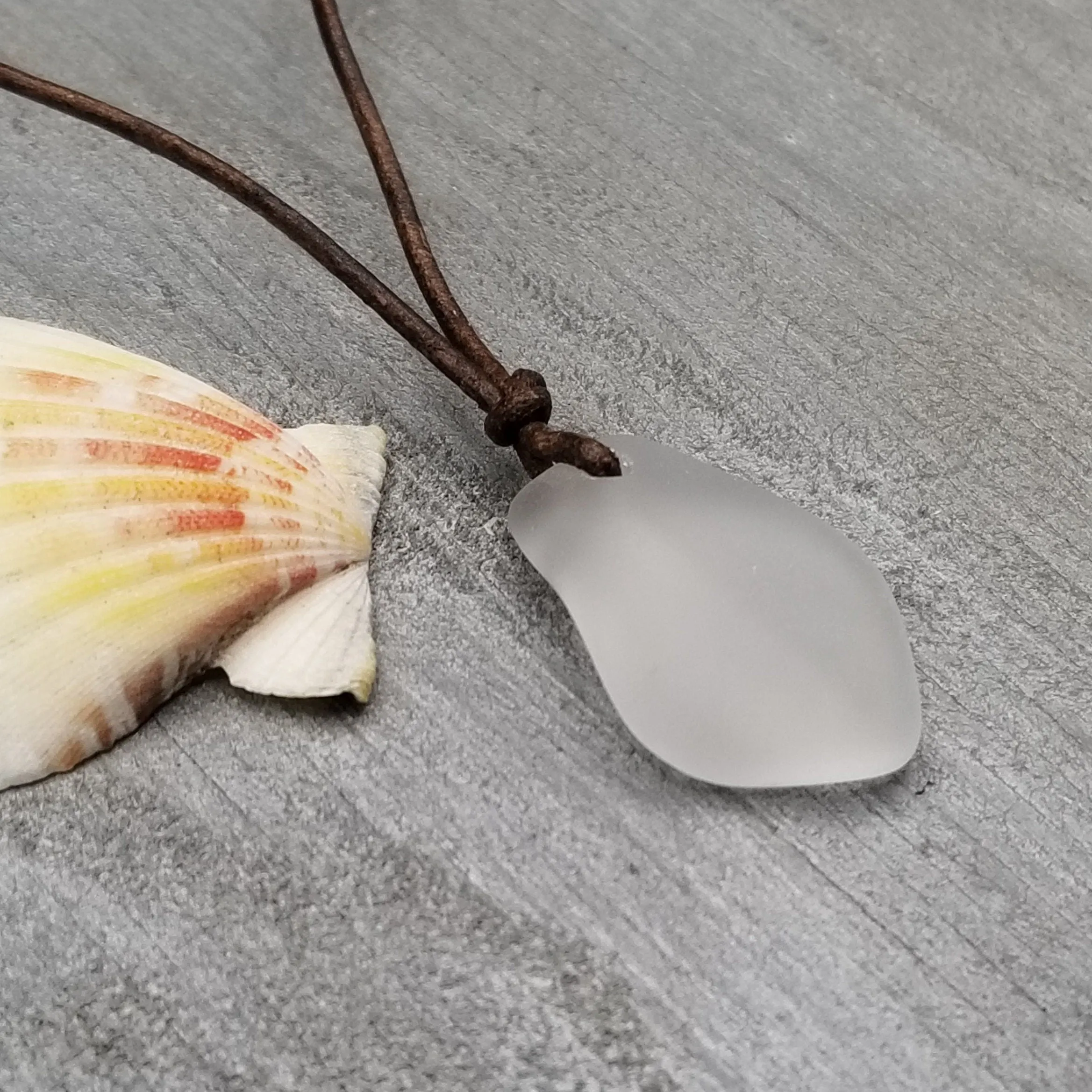 Hawaiian Sea Glass Necklace, Small Puff Crystal Necklace Leather Cord Necklace Unisex Beach Jewelry Gift For Him For Her, April Birthstone