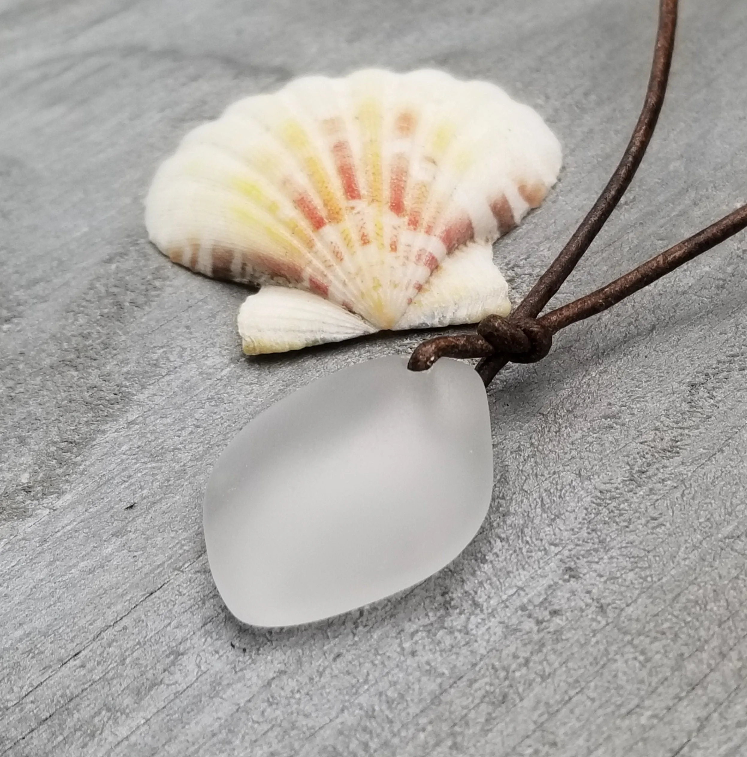 Hawaiian Sea Glass Necklace, Small Puff Crystal Necklace Leather Cord Necklace Unisex Beach Jewelry Gift For Him For Her, April Birthstone