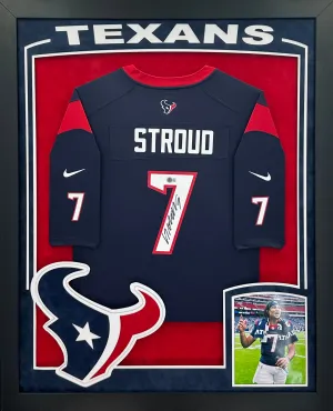 Houston Texans CJ Stroud Hand Signed Autographed Authentic Blue Jersey Framed and Double Suede Matted with XL 3D Logo & Team Name Cutout Beckett Coa