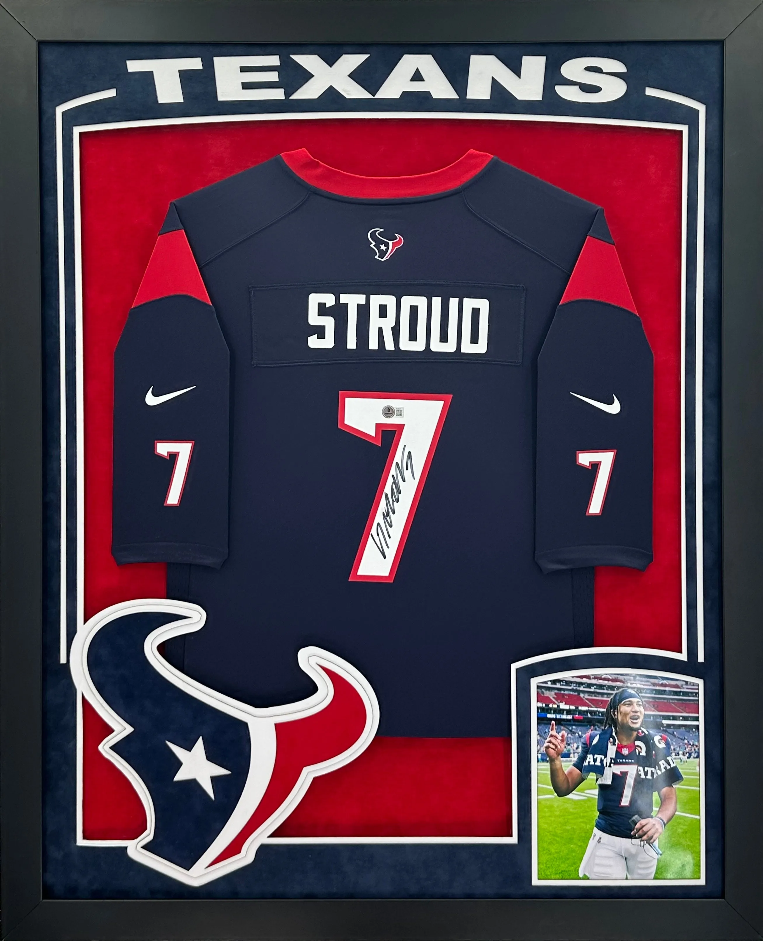 Houston Texans CJ Stroud Hand Signed Autographed Authentic Blue Jersey Framed and Double Suede Matted with XL 3D Logo & Team Name Cutout Beckett Coa