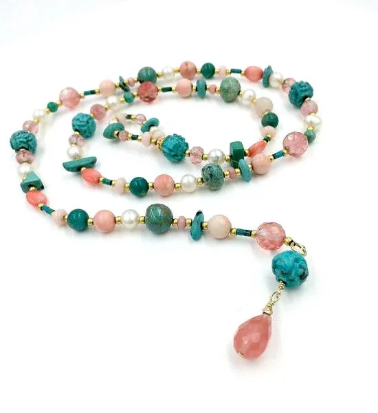 Lariat and Turquoise Coral Boho Necklace