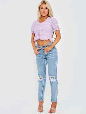Lilac Purple Anglaise Ruched Front Crop Top