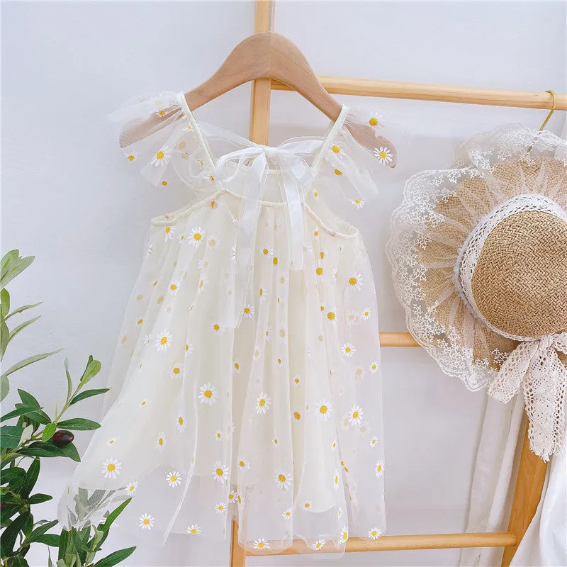Little girl Cap sleeve white chiffon lined flowy floral embroidered dress with back tie - kids clothing