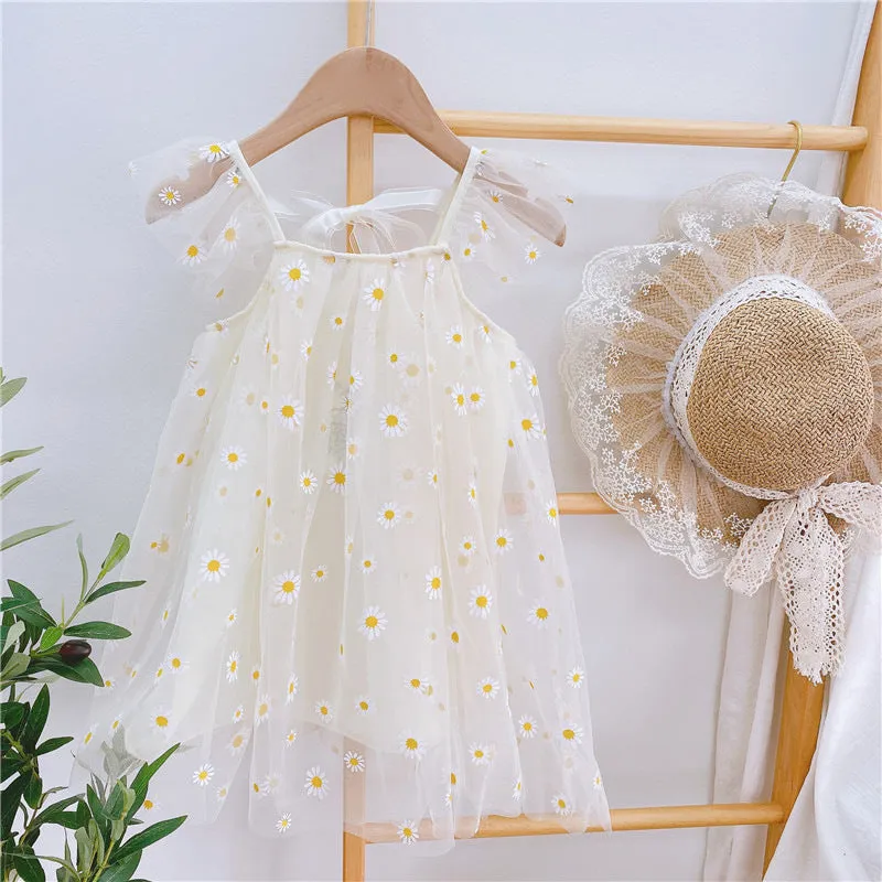 Little girl Cap sleeve white chiffon lined flowy floral embroidered dress with back tie - kids clothing