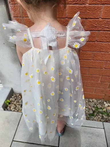 Little girl Cap sleeve white chiffon lined flowy floral embroidered dress with back tie - kids clothing