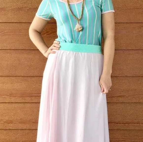 LuLaRoe BNWT S Lucy skirt - pink chiffon with aqua waistband