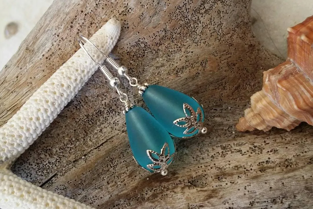 Made in Hawaii,  Turquoise Bay Blue sea glass earrings, Teardrop Earrings, Hawaiian Gift