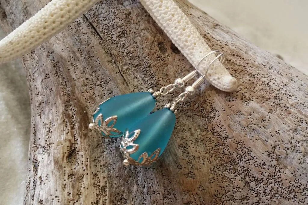 Made in Hawaii,  Turquoise Bay Blue sea glass earrings, Teardrop Earrings, Hawaiian Gift