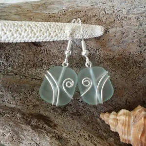 Made in Hawaii, Wire wrapped light aqua sea glass earrings, 925 sterling silver hook, gift box.beach jewelry