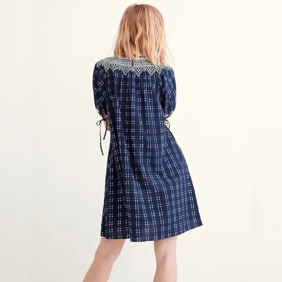 Madewell Embroidered Puff-Sleeve Babydoll Dress in Indigo Plaid