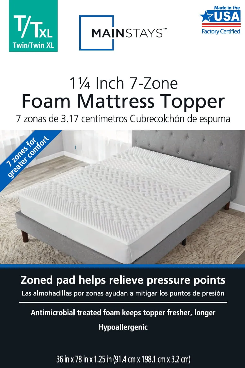 Mattress Foam Topper Pad Memory Twin XL Size Bed, 1.25 inch, 7-Zone NEW
