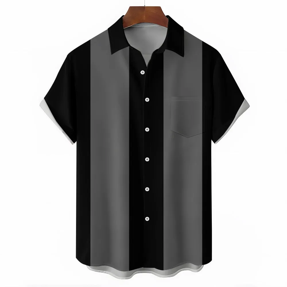 Men's Retro 50s Style Black Gray Classic Bowling Shirt Short Sleeve Shirt 2307100641