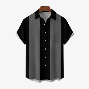 Men's Retro 50s Style Black Gray Classic Bowling Shirt Short Sleeve Shirt 2307100641