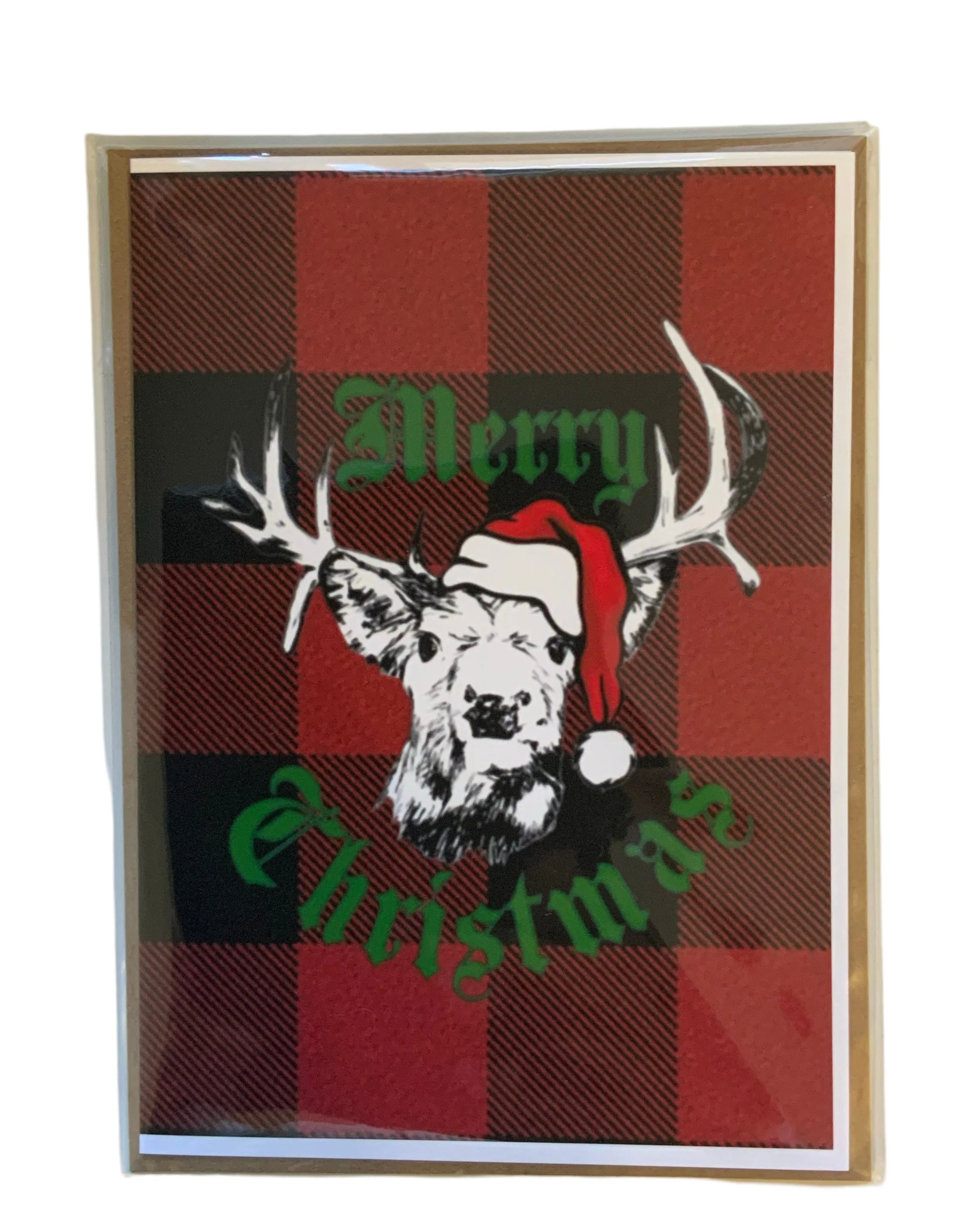 Merry Christmas Whitetail Deer Card with flannel background