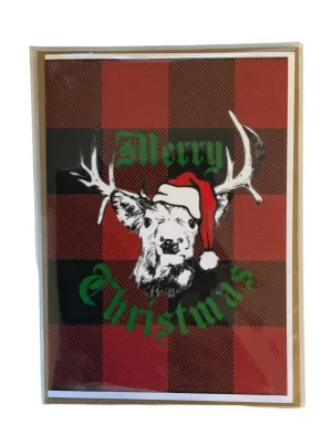 Merry Christmas Whitetail Deer Card with flannel background