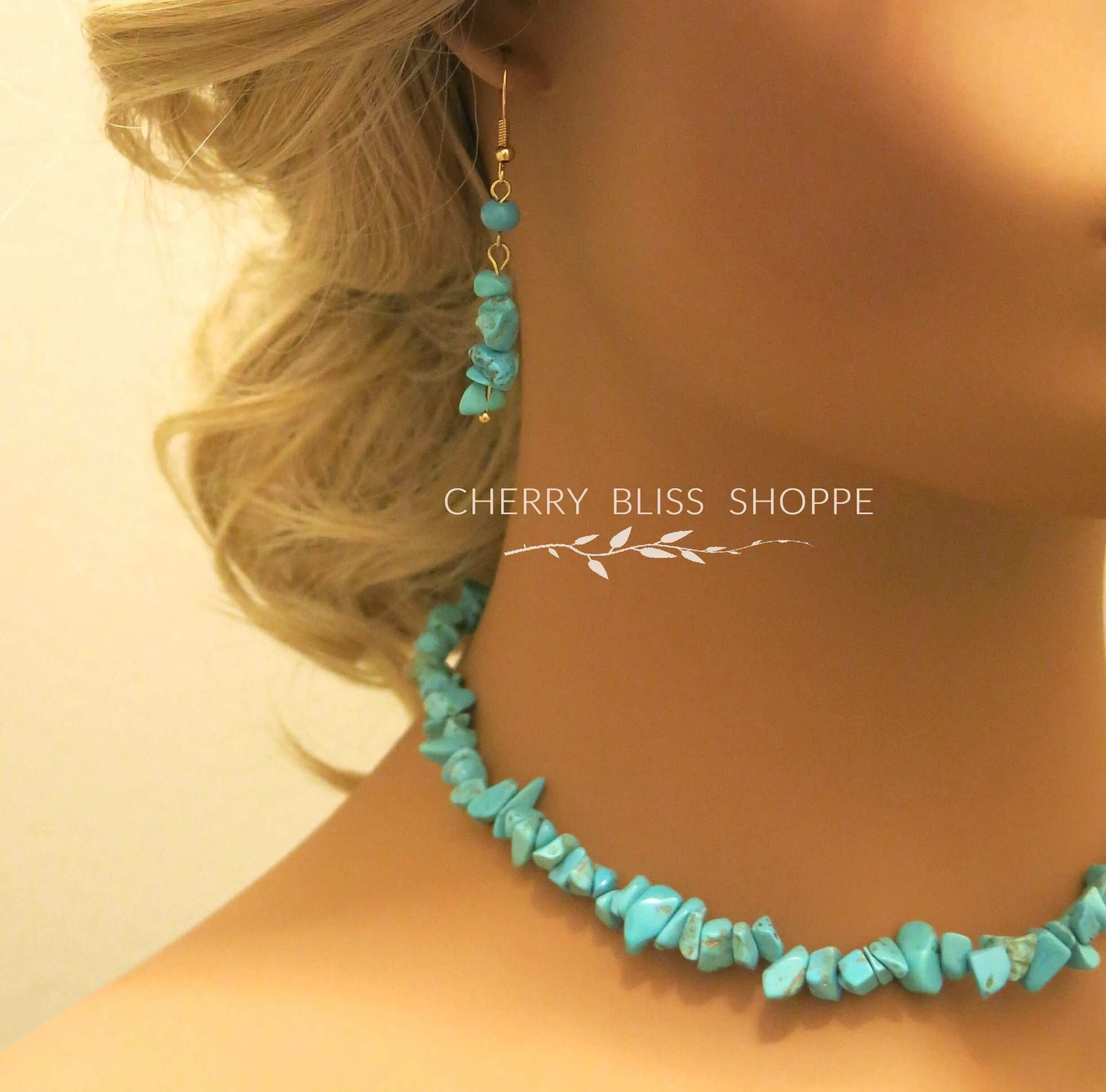 Natural Turquoise Nugget Choker Boho Gem Unisex Necklace or Turquoise Dangle Earrings or Hoop Earrings