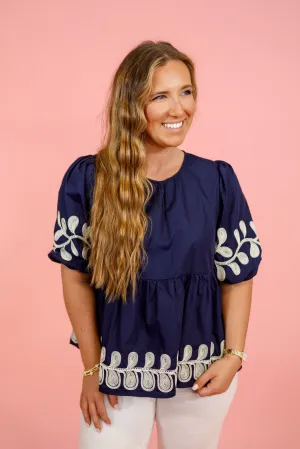 Navy Embroidered Top