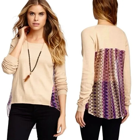NWOT Anthropologie Subtle Luxury Boho Sweater Sz.M Beige Multi Silk Panel Hi-Lo
