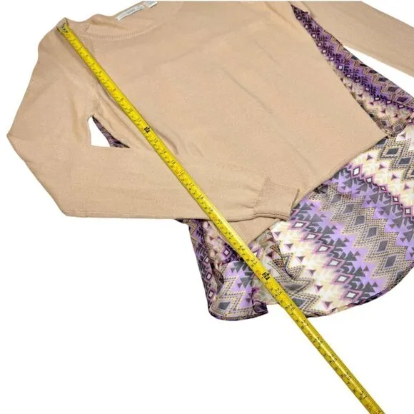 NWOT Anthropologie Subtle Luxury Boho Sweater Sz.M Beige Multi Silk Panel Hi-Lo