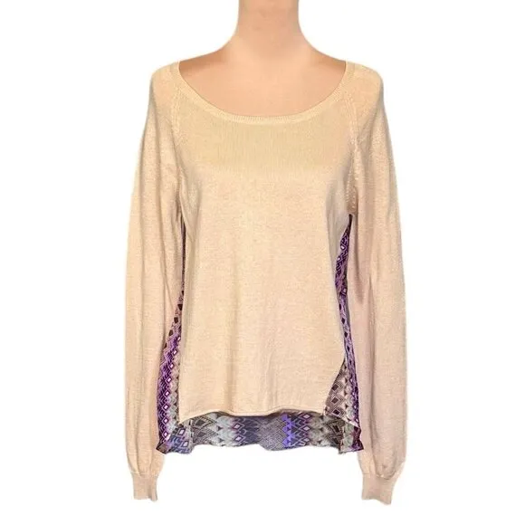 NWOT Anthropologie Subtle Luxury Boho Sweater Sz.M Beige Multi Silk Panel Hi-Lo