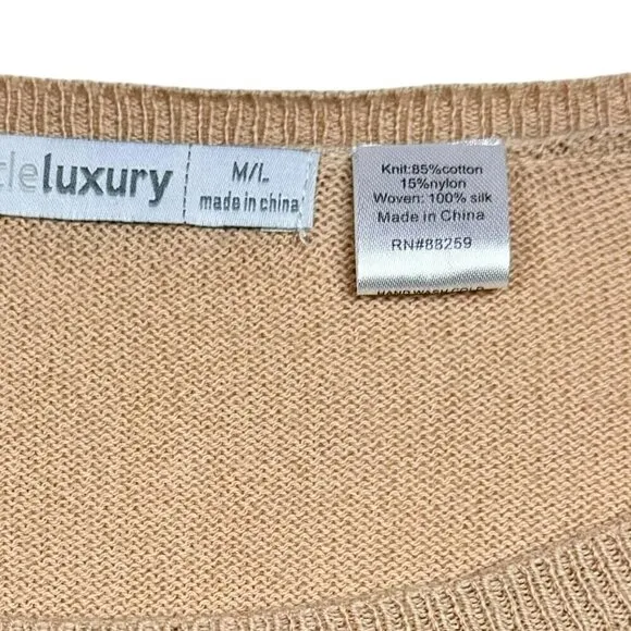 NWOT Anthropologie Subtle Luxury Boho Sweater Sz.M Beige Multi Silk Panel Hi-Lo