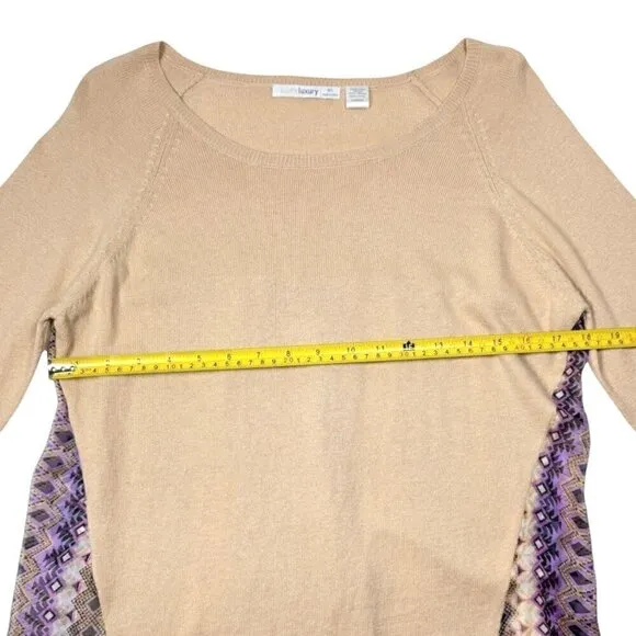 NWOT Anthropologie Subtle Luxury Boho Sweater Sz.M Beige Multi Silk Panel Hi-Lo