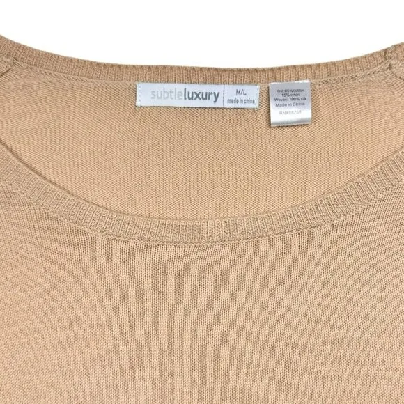 NWOT Anthropologie Subtle Luxury Boho Sweater Sz.M Beige Multi Silk Panel Hi-Lo
