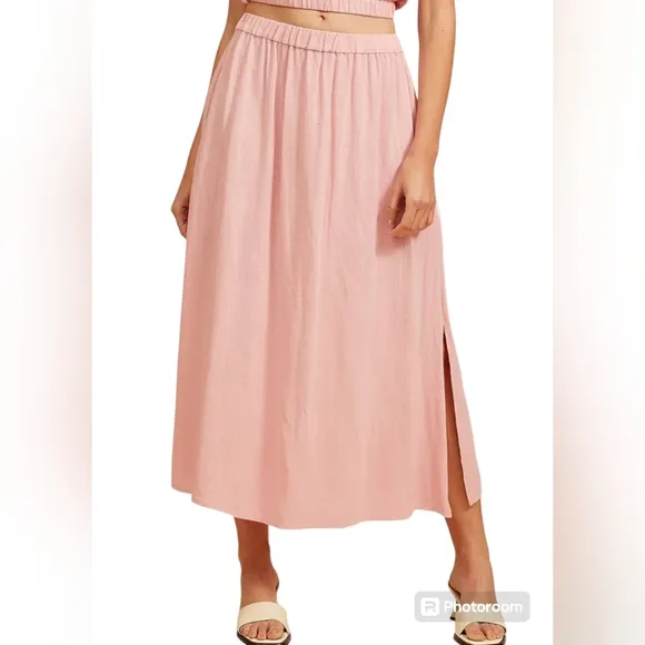 NWT Lucy Paris Vienna Size Large Powder Pink Crepe Side Split Pull-on Maxi Skirt