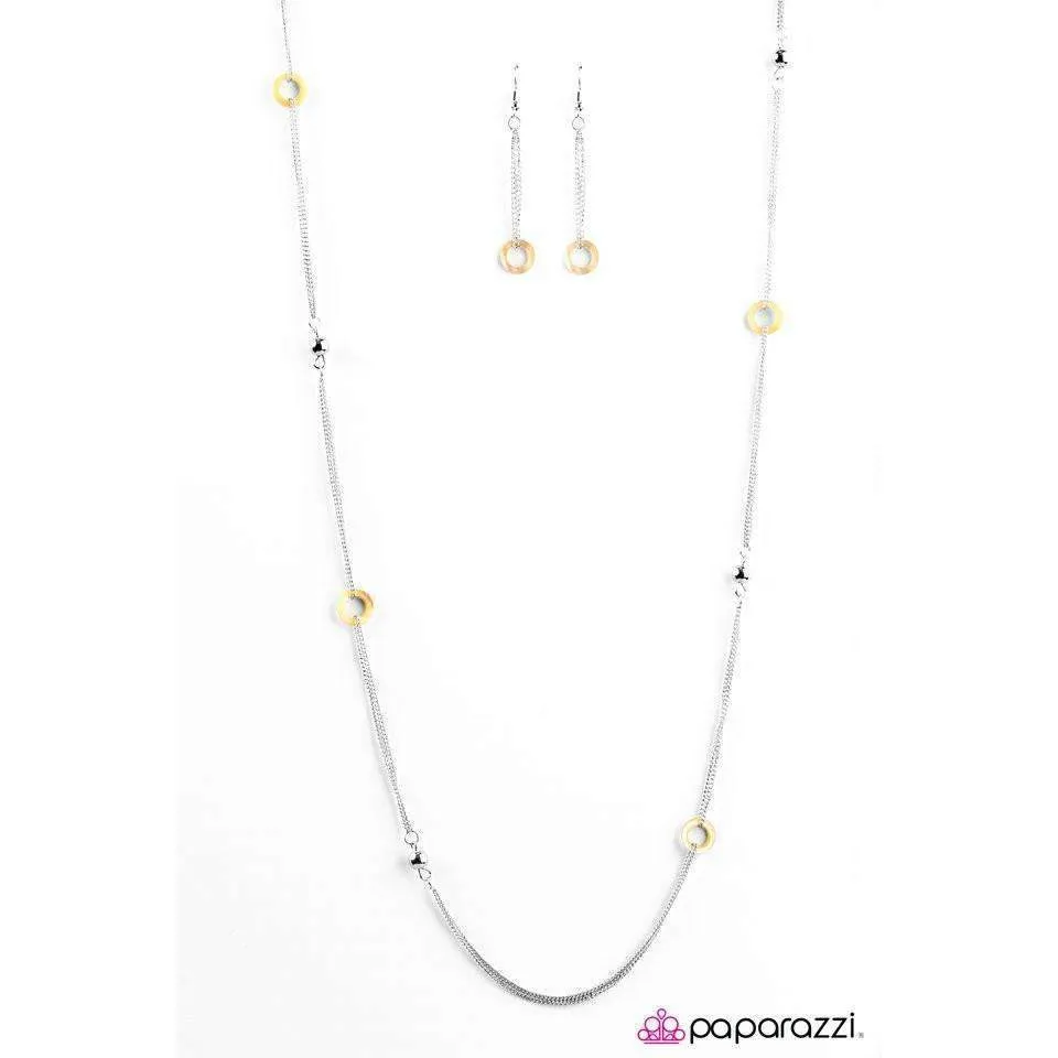 Paparazzi West Coast Fashion Yellow Hoops Silver Bead Necklace & Earring Set