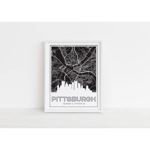 Pittsburgh Pennsylvania skyline and map with city coordinates