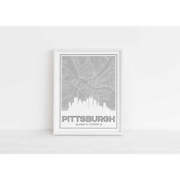 Pittsburgh Pennsylvania skyline and map with city coordinates