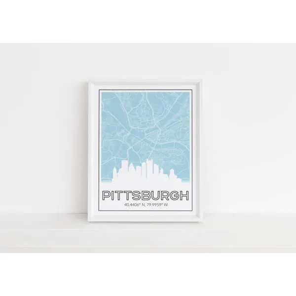 Pittsburgh Pennsylvania skyline and map with city coordinates