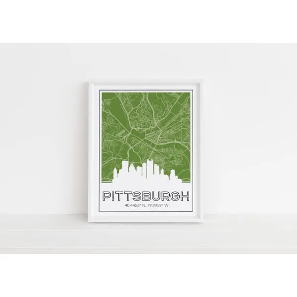 Pittsburgh Pennsylvania skyline and map with city coordinates