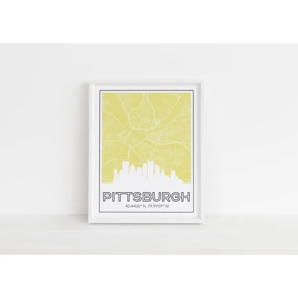 Pittsburgh Pennsylvania skyline and map with city coordinates