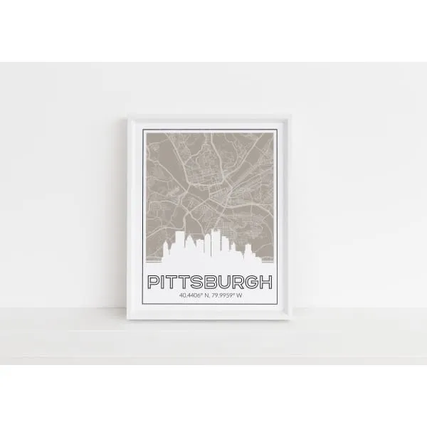 Pittsburgh Pennsylvania skyline and map with city coordinates