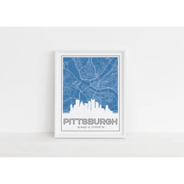 Pittsburgh Pennsylvania skyline and map with city coordinates