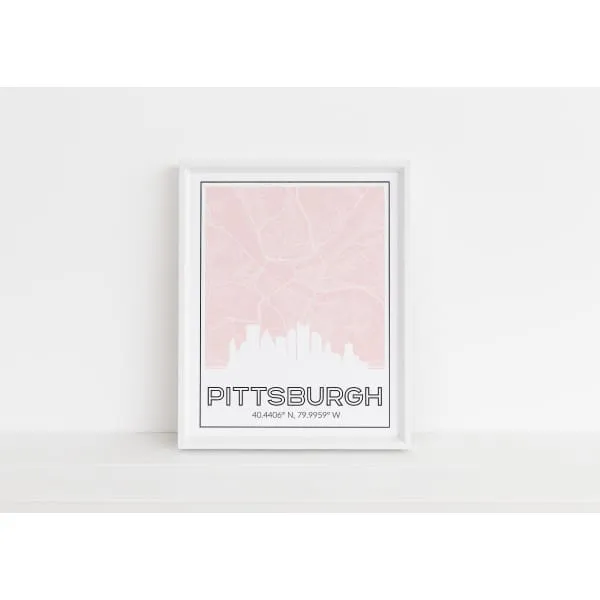 Pittsburgh Pennsylvania skyline and map with city coordinates
