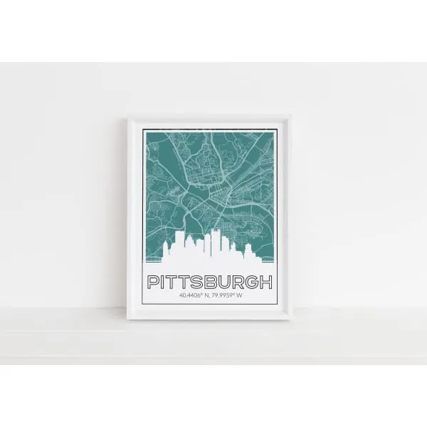 Pittsburgh Pennsylvania skyline and map with city coordinates