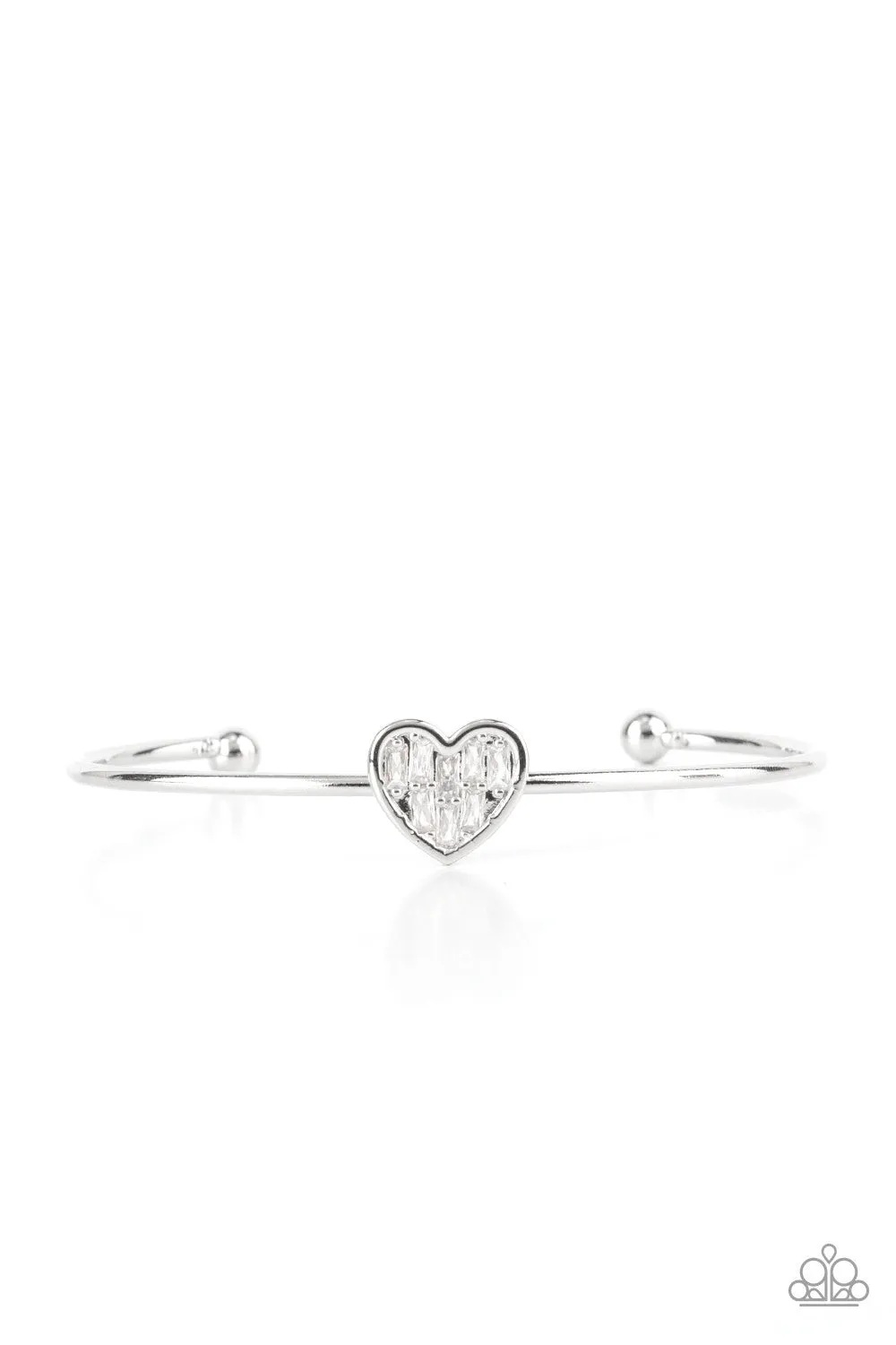 "Heart of Ice" Silver Metal & White/Clear Rhinestone Heart Dainty Cuff Bracelet
