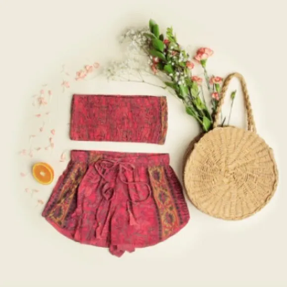 Raga Pink Paisley Print Silky Shorts Small