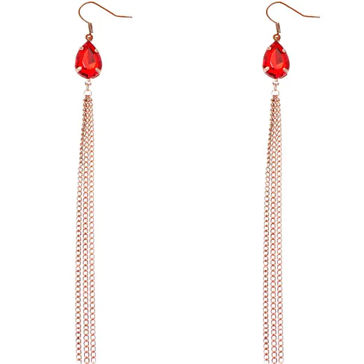 Red Teardrop Gem Multi-Chain Dangle Earrings