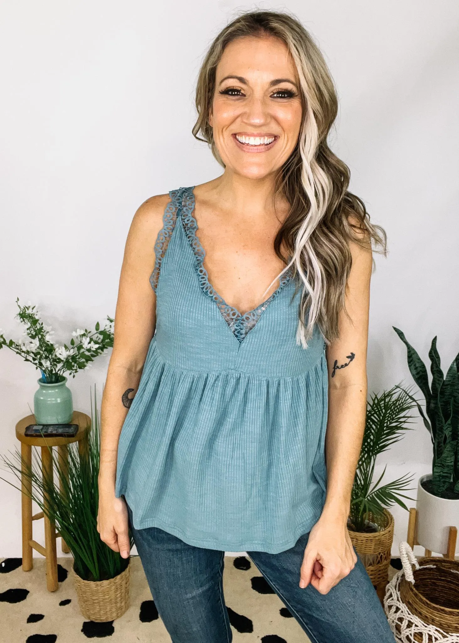 Ribbed Babydoll Top with Lace Detail