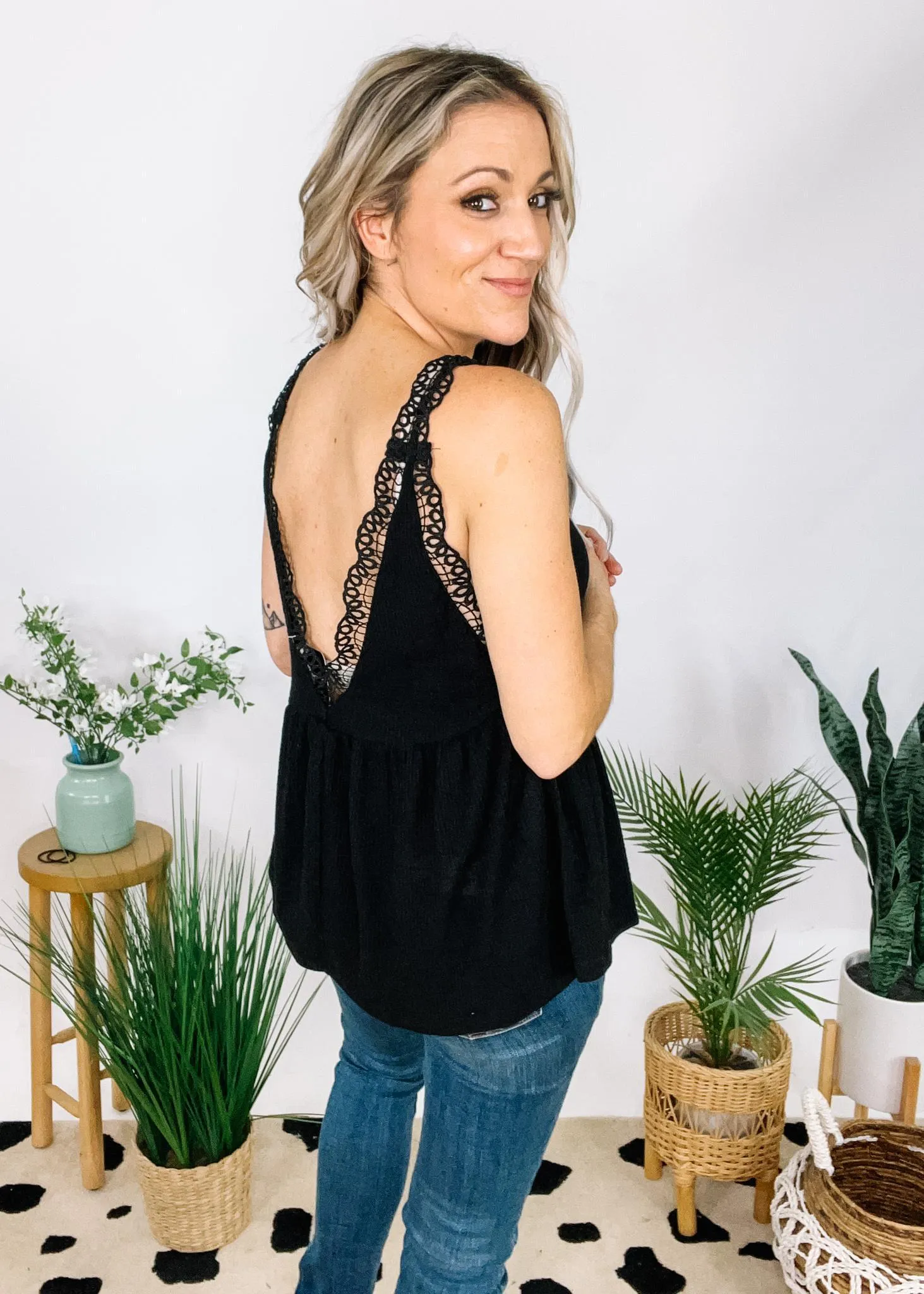 Ribbed Babydoll Top with Lace Detail