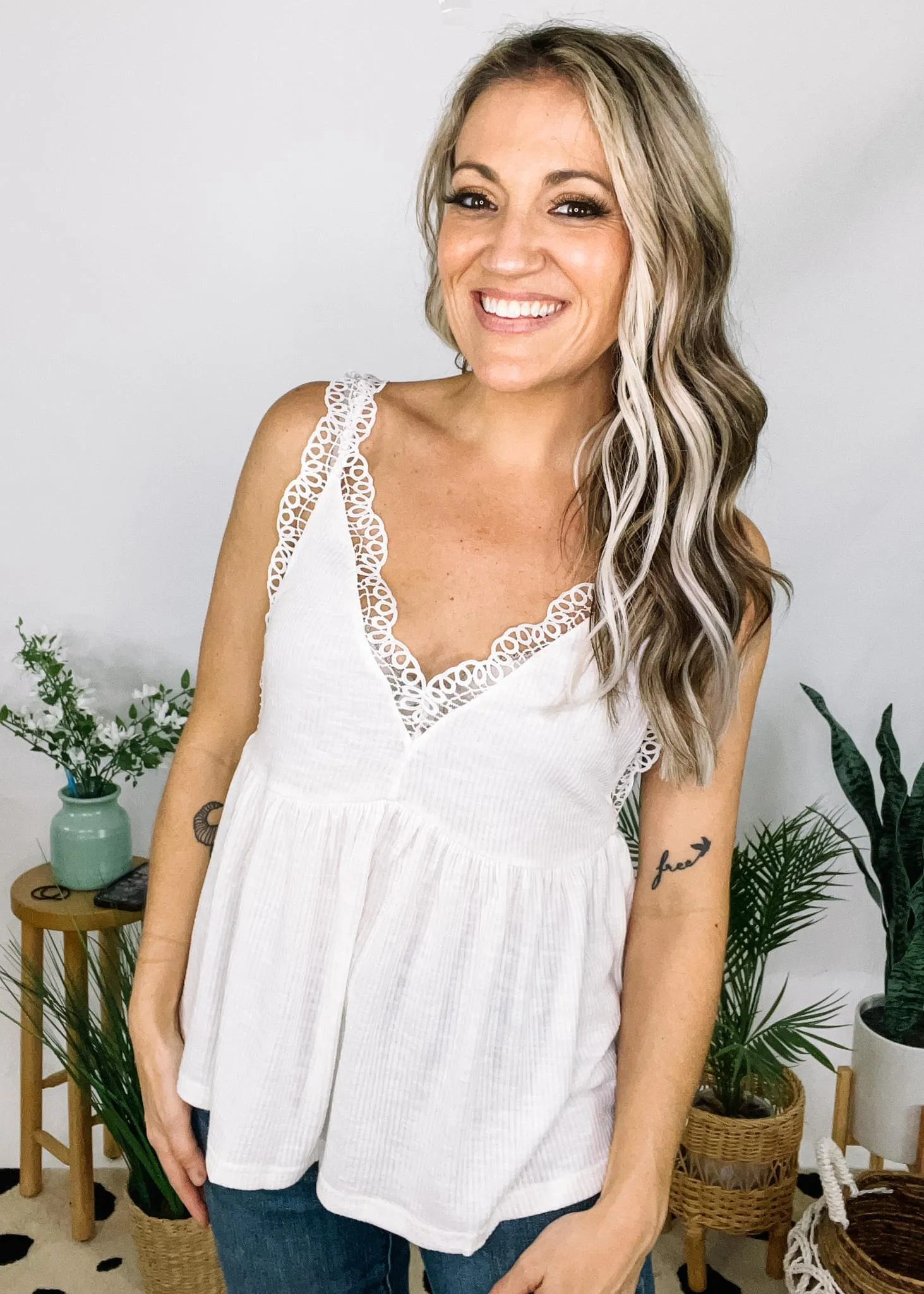 Ribbed Babydoll Top with Lace Detail