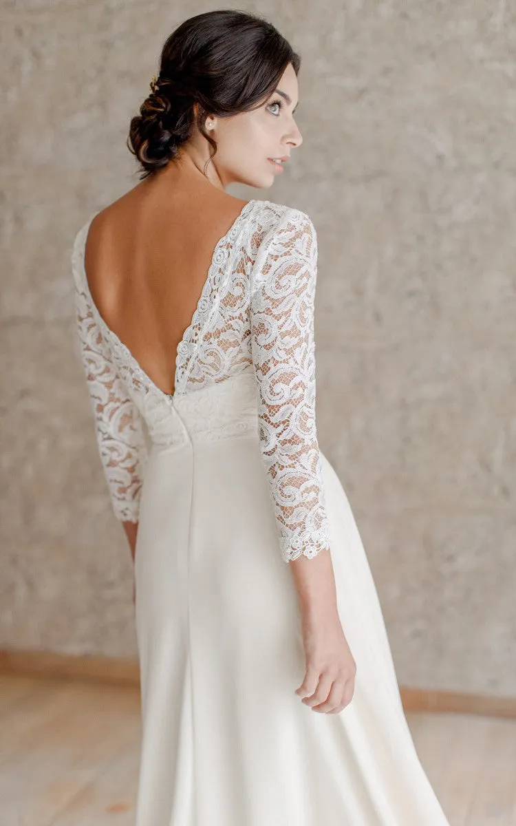 Romantic A Line Ankle-length 3/4 Length Sleeve Chiffon Queen Anne Wedding Dress-716184